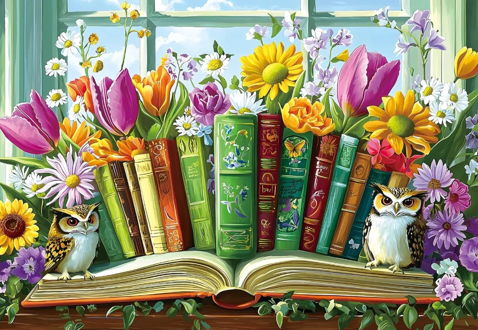 Floral Book Jigsaw Puzzle 500/1000/1200/2000PCS Blooming Tulip Sunflower Cute Owl Window Scene DIY Puzzle Home Ornament