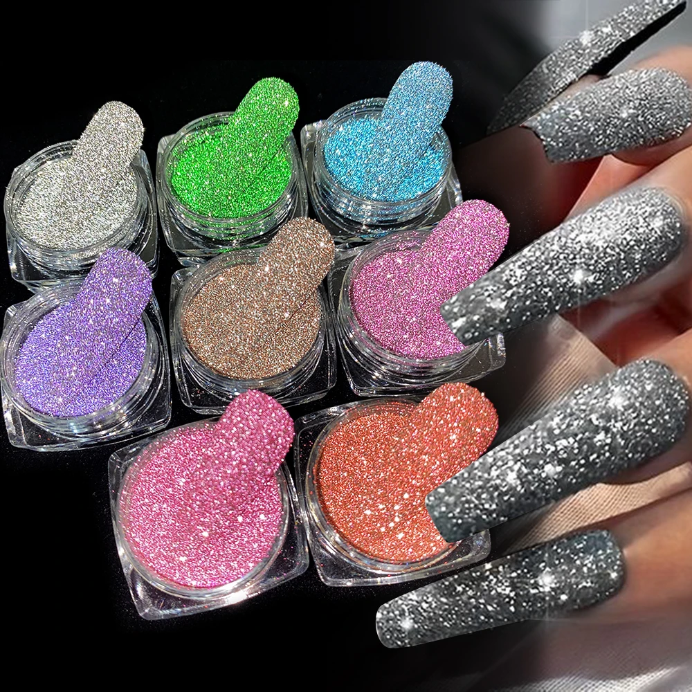 8colors Sparkly Diamond Glitter Nail Powder Reflective Gold Silver Purple Green Nail Rubbing Dust UV Gel Pigment Nails Art Decor