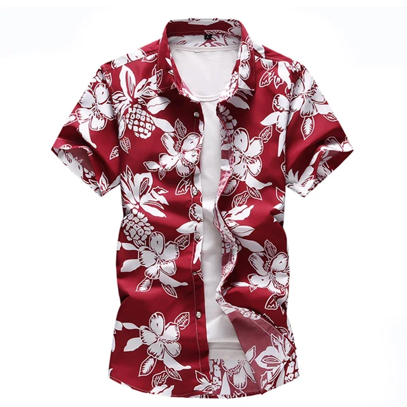 Men floral printed Slim Short sleeve shirts Summer Hawaiian vacation Party casual red blue black Shirt camisa masculina