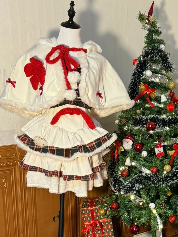 عيد الميلاد الحلو Kawaii لوليتا 2 قطعة مجموعة المرأة لطيف عباءة منقوشة المرقعة فستان منفوش موضة جديدة الجنية ملابس الشتاء الطرف
