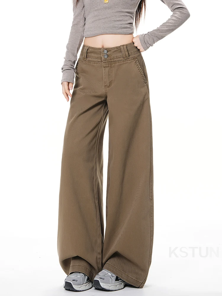 Jean KSTUN taille basse marron pour femme, pantalon large 100 % coton, pantalon à double boutonnage avec poches brodées, coupe ample