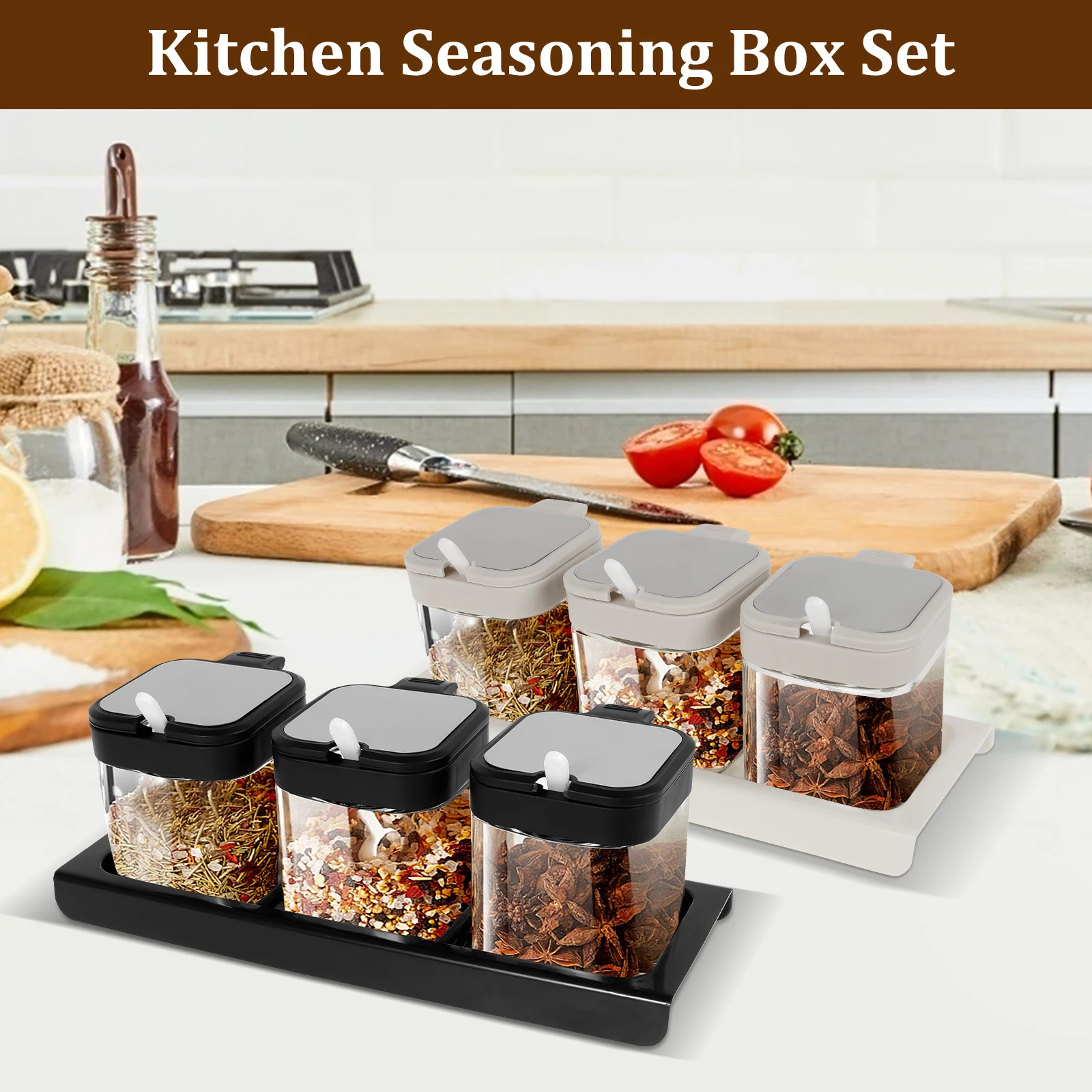 

Clear Glass Condiment Jar with Tray Spice Container with Lid and Spoon Enduring Kitchen Spice Pot for Condiment Storage