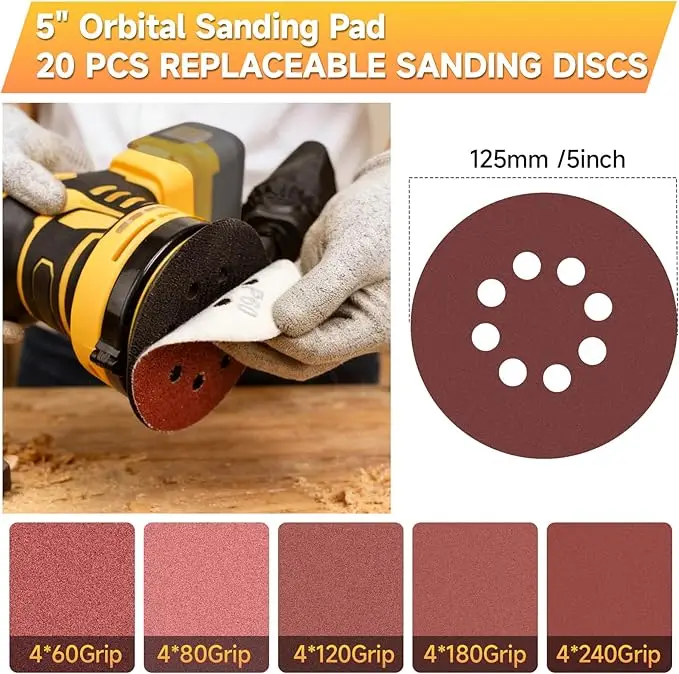

YEARTOP Electric Orbital Sander 125MM 6 Gear Cordless Grinding Sanding Polishing Machine Woodwork Power Tool For Dewalt Battery