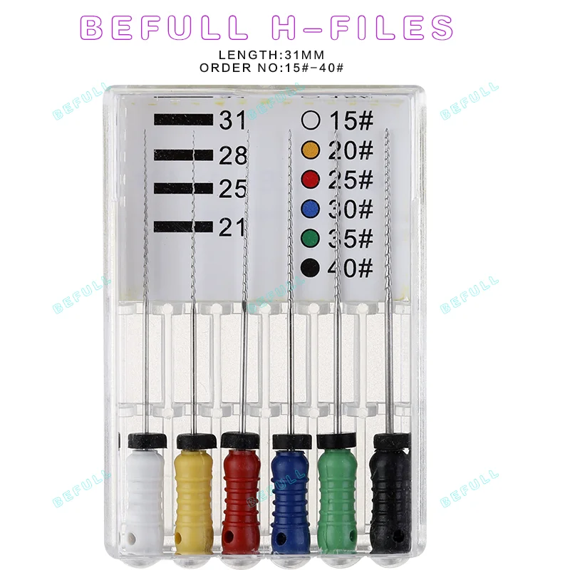 Arquivos H dentários para canal radicular endodôntico, arquivo de dentista, arquivos de tratamento, instrumentos, uso manual, 21mm, 25mm, 31mm, ferramentas de dentista, 6 unidades por pacote