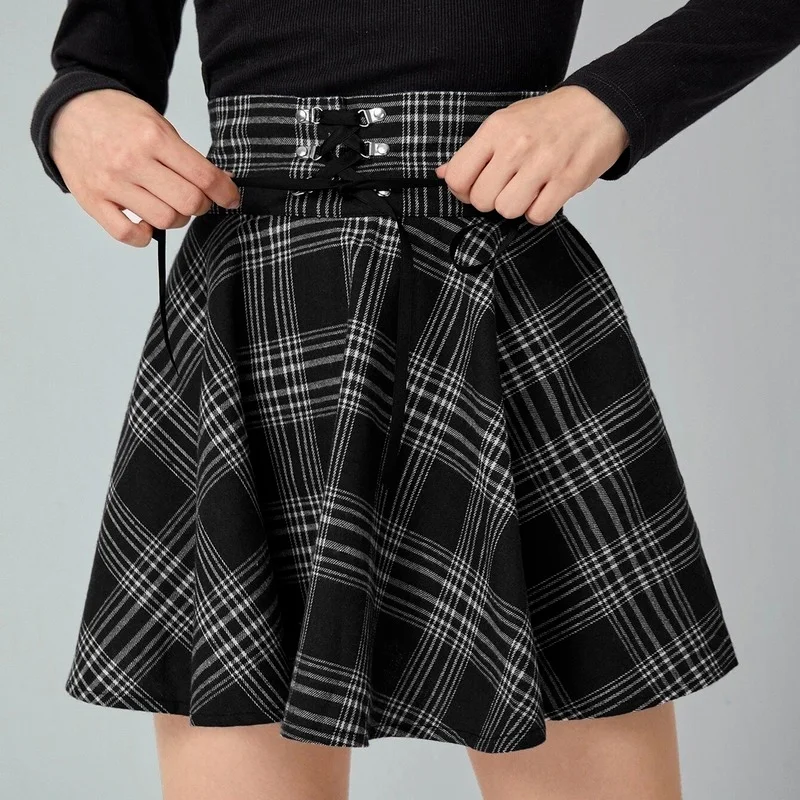 Gonne a pieghe stile coreano a vita alta da donna primavera estate 2024 gonne Casual Punk retrò da donna minigonna con lacci scozzese da donna