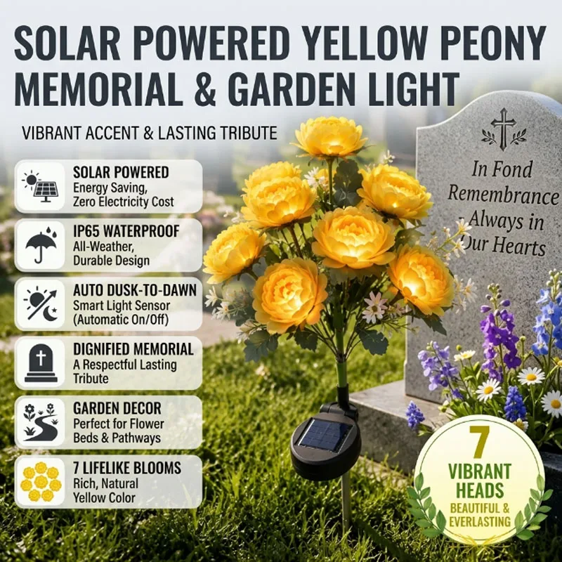 Solar Powered Seven-Head Artificial Peony Flower Lamp, Waterproof LED Light for Cemetery Grave Decoration and Memorial Tribute.