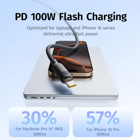 Baseus вспененный силиконовый кабель USB C для iPhone 16 15 Самоорганирующийся кабель типа C 100 Вт для Macbook Samsung Xiaomi Быстрая зарядка