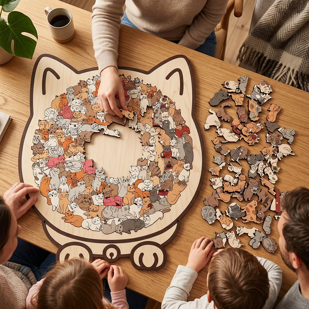 Rompecabezas de madera con forma de gato con soporte, rompecabezas único con piezas en forma de animal, adorno decorativo para pared o mesa, juego familiar, juguete antiestrés, regalo para adultos y adolescentes