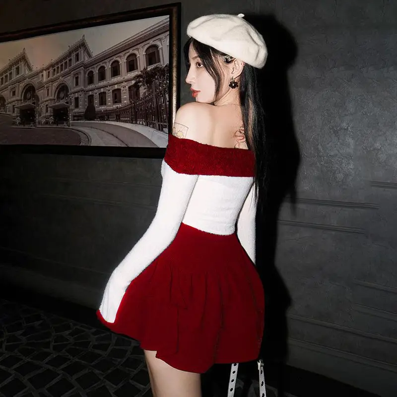 Korean Fashion 2 Piece Skirt Set Women Ynk Bow Slash Neck Cropped Tops Sexy Mini Skirts Suit Female Gothic Christmas Furry Sets