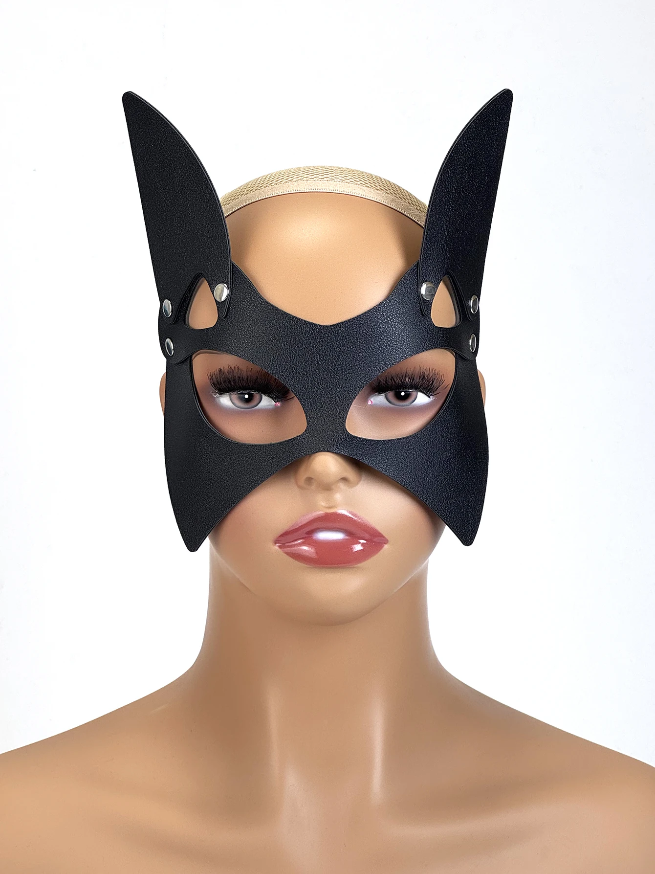 Maschera da donna sexy in pelle PU con orecchie di gatto, fetish, festa di Halloween, trucco, palla, maschera regolabile per occhi fantasia