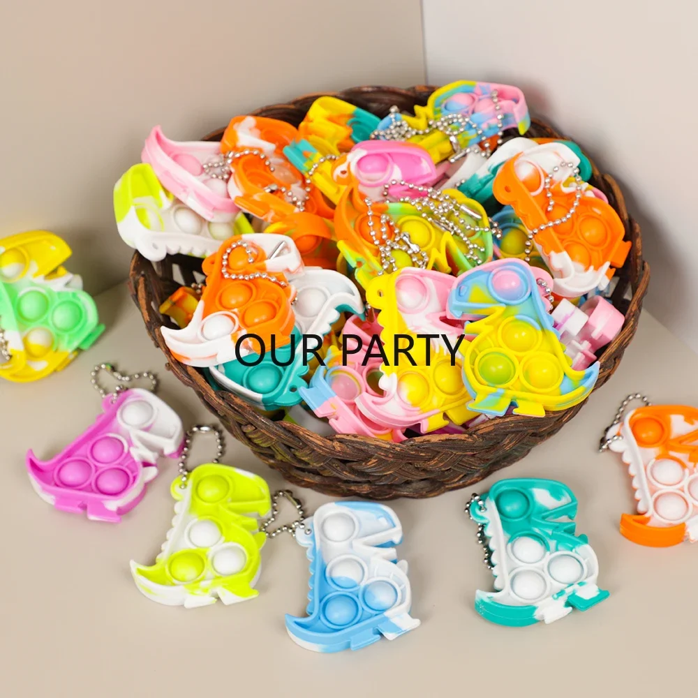 10Pcs Colorful Jungle Dinosaur Theme Pop Keychain Toddler Sensory Fidget Toy for Kids Birthday Party Favors Pinata Goodie Bag