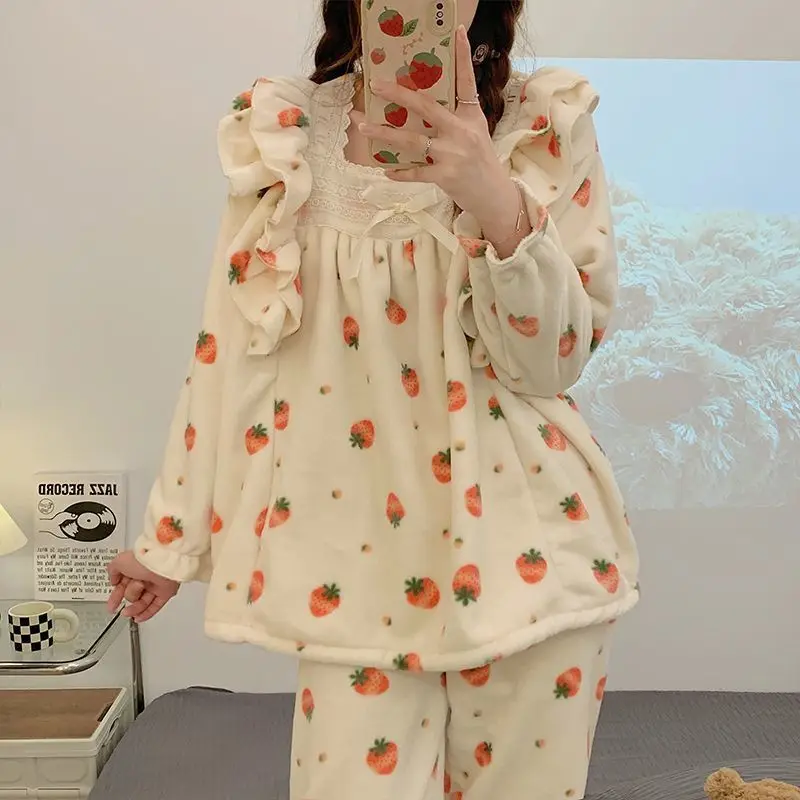 Women's Coral Fleece Pajama Set Long Sleeve Winter Warm Sleepwear Cozy Comfortable Flannel Loungewear Homewear Autumn Fashion