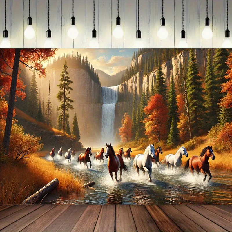 Galloping Horses in Autumnal Paradise Wall Tapestry for Living Room Decor, Featuring a Vivid Scene of Graceful Horses Sprinting