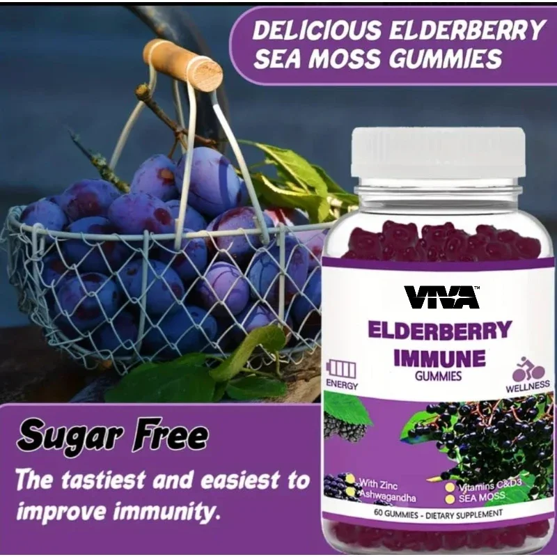 

Herbal Supplements Elderberry Gummies with Zinc And Vitamin C 100mg Elderberry Extract per Serving 60 Capsules per Bottle