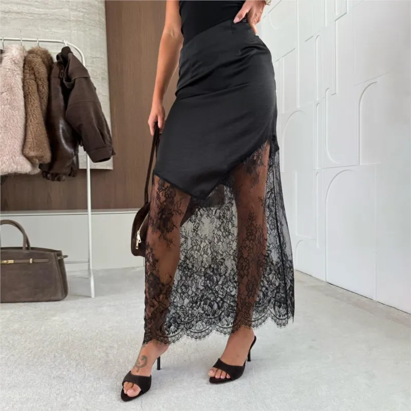 

New Women's Long Skirt Sexy Lace Elegant Loose Spliced ​​mid-length Half-length Hip Skirt Fashion Summer Female Vintage Vestidos