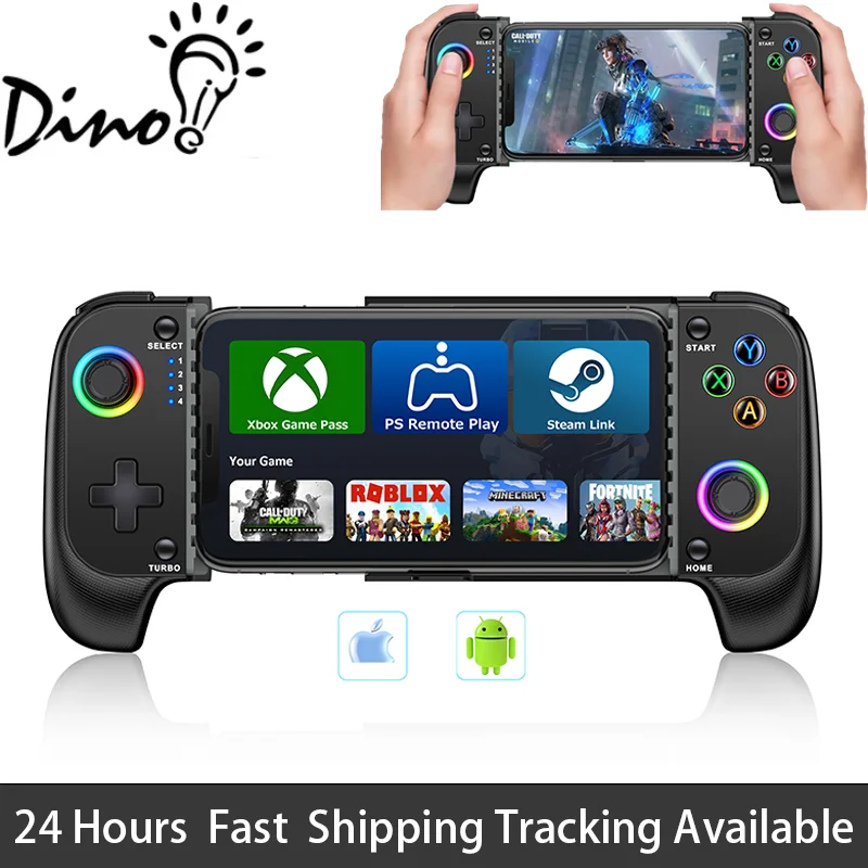 

DinoFire Mobile Game Controller for iPhone and Android with RGB Light,Support Play PS Remote Play, Xbox Cloud and Steam Link