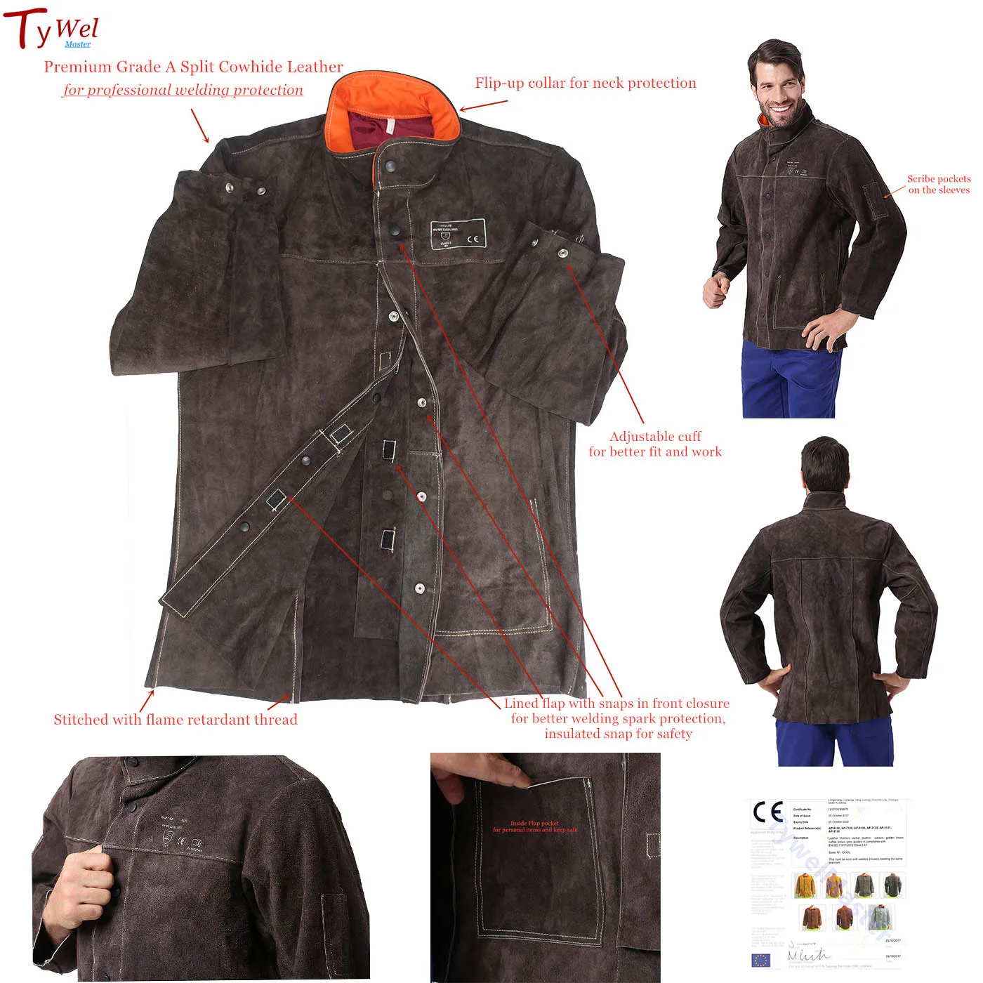Professional Welding Jacket Split Cowhide Leather Flame Heat Abrasion Weld Arc Spark Resistant CE Working Clothes