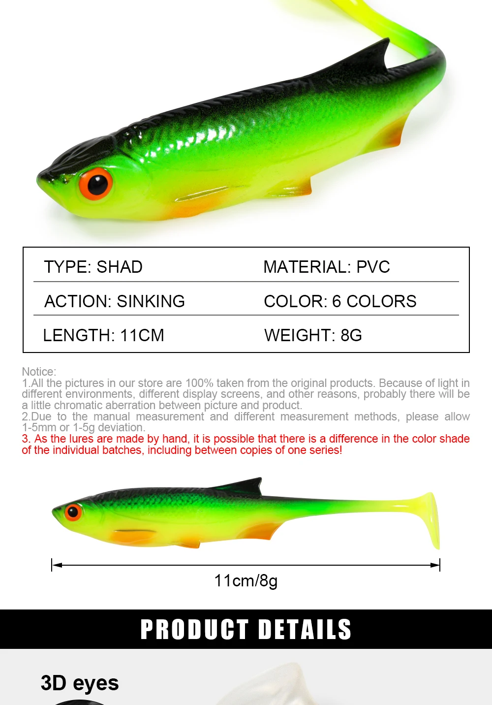 Spinpoler Natürlicher Bio-Shad 11cm Schwimmköder Angelköder Realistischer Köderfisch 3D-Augen Künstlicher Bionischer Schwimmköder für Barsch und Forelle 4 Stück – Detail 2