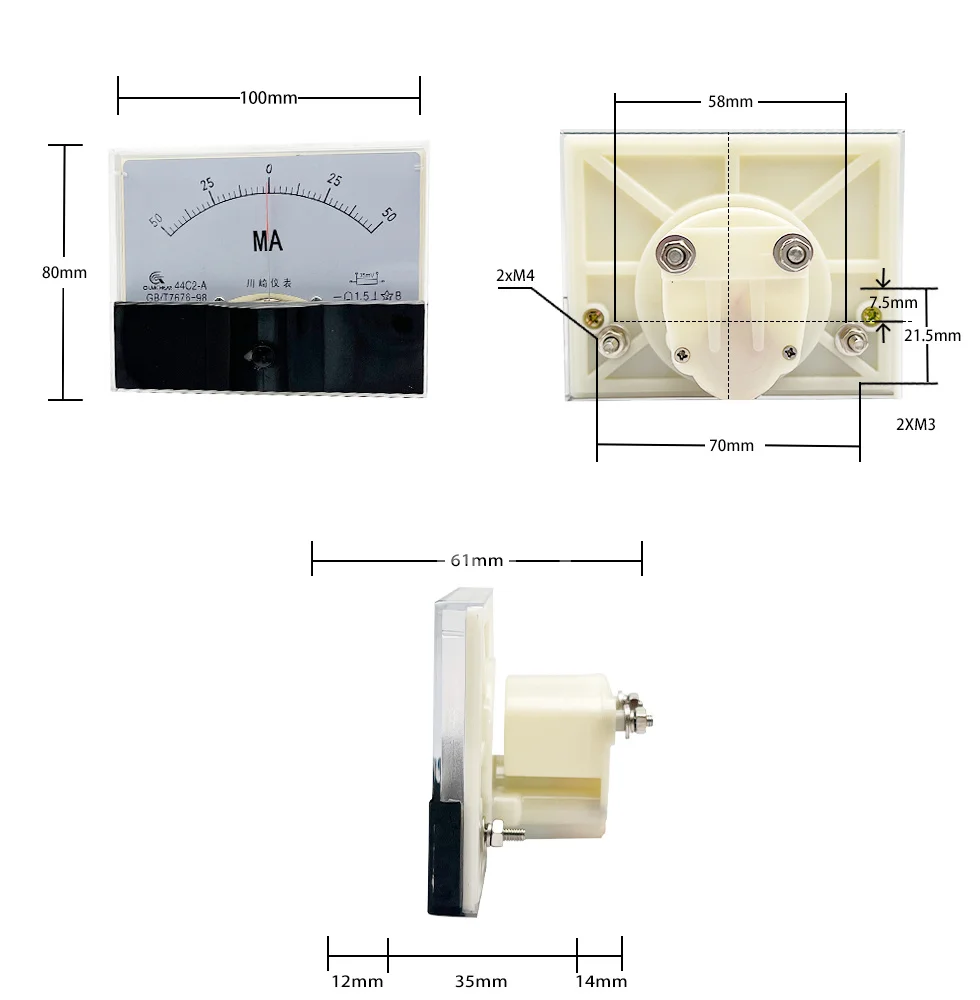 44C2 Analog Panel Pointer type DC ammeter 44C2-A mechanical meter ammeter DC μA 50UA 100UA 200UA 300UA 500UA