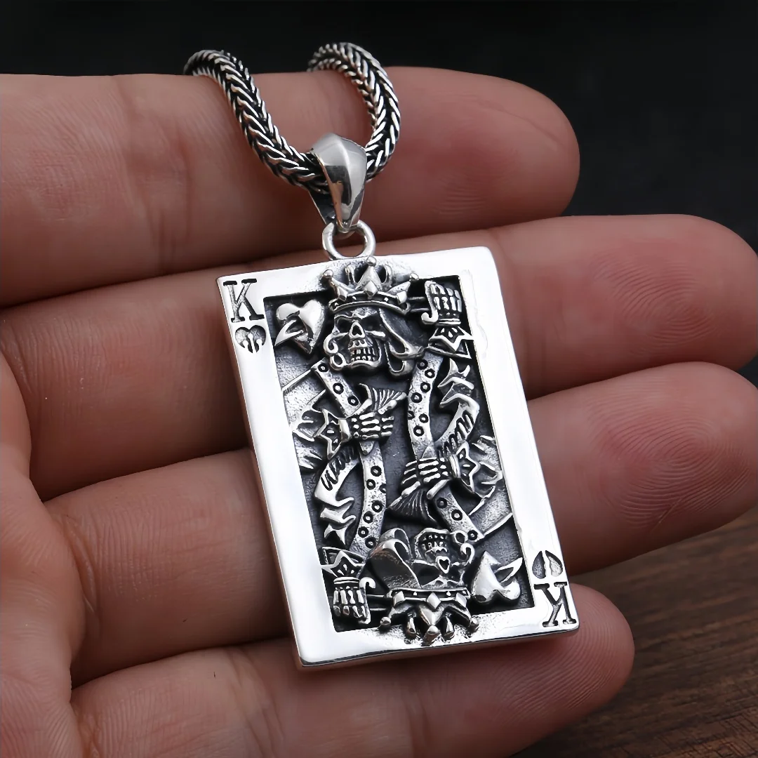 BOCAI New S925 Sterling Silver Charms Pendant for Men Women Antique Poker Cards K Pattern Fashion Charm Fine Choice Jewelry