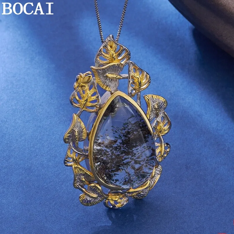 BOCAIS925 Sterling Silver Pendants for Women Men Contrast Colored Hollow Leaves Waterdrop Shaped Ghost Crystal Jewelry Wholesale