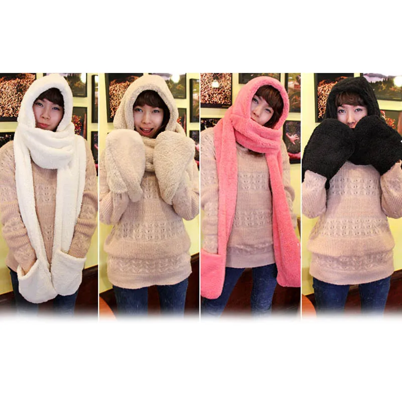 3 in 1 Women Autumn Winter Warm Plush Hood Scarf Snood Thicken New Fashion Comfortable Cute Hats Gloves