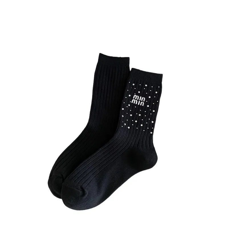 Trendy Rhinestone Black and White Medium Tube Socks for Women Spring and Summer Thin Korean Long Tube Cotton Ins Style