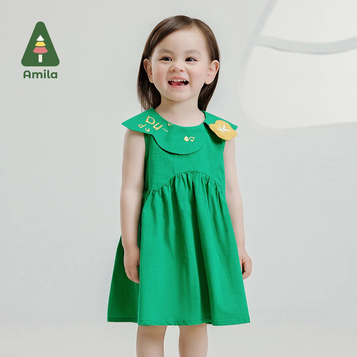 Amila Baby Girls Dress Summer 2024 New 100% Cotton Sweet Solid Color Doll Collar Flower Decorated Dress Kids Clothing 0-6Y