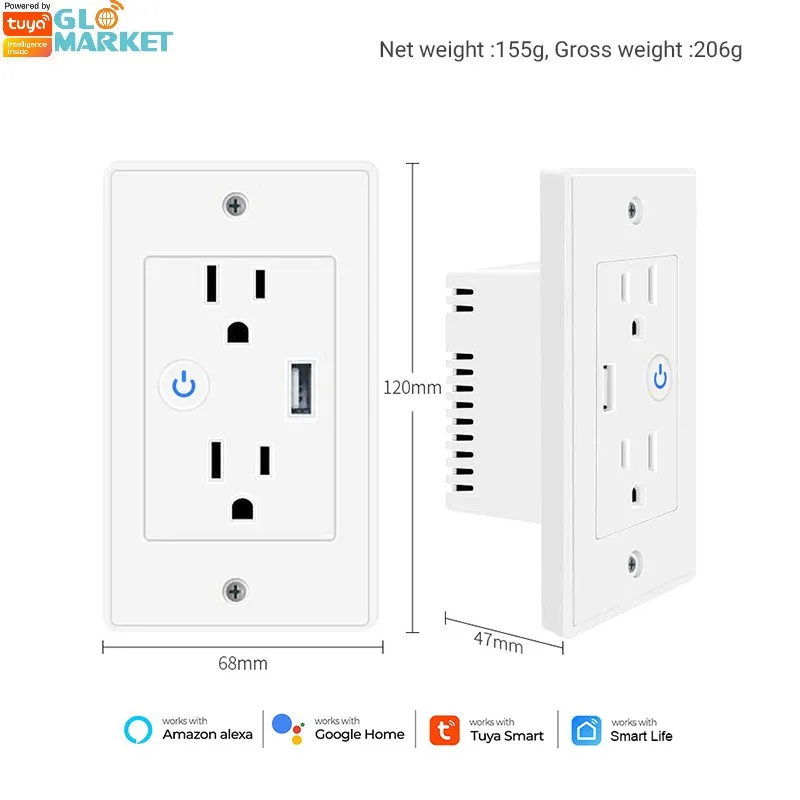 

Glomarket Smart WiFi Wall Socket with USB 2 plug outlets Remote Control Smart Life/Tuya APP Remote Timer Setting