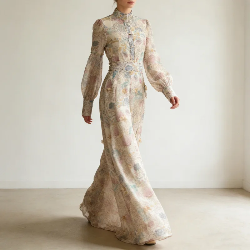 ชุดเซ็ตกระโปรงทรงเอเข้ารูปพร้อมเข็มขัดรัดเอวพิมพ์ลายสไตล์เรโทร 5 สี แฟชั่นสำหรับผู้หญิง