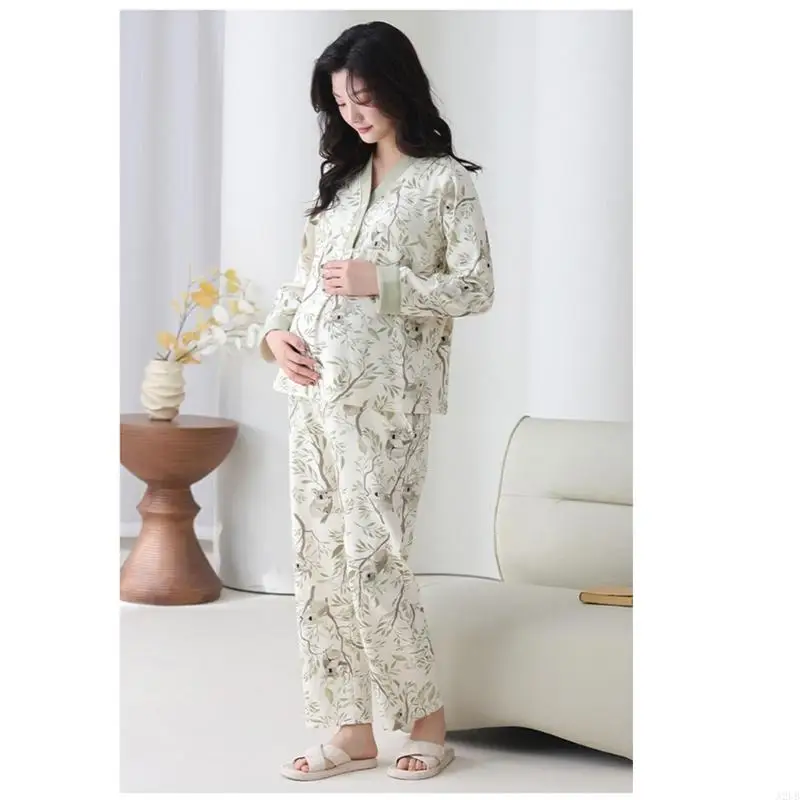 ملابس نوم قطنية للحوامل مع حمالة صدر مدمجة للراحة أثناء الرضاعة بعد الولادة في الخريف والشتاء هدية A2UB #5