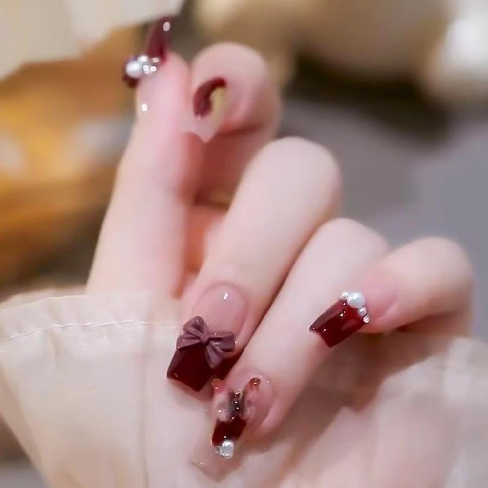 

24pcs Red French Rose Coffin Press On Nails Leopard Print Bow Full Cover Short Square False Nails White Edge Artificial Fake Nai