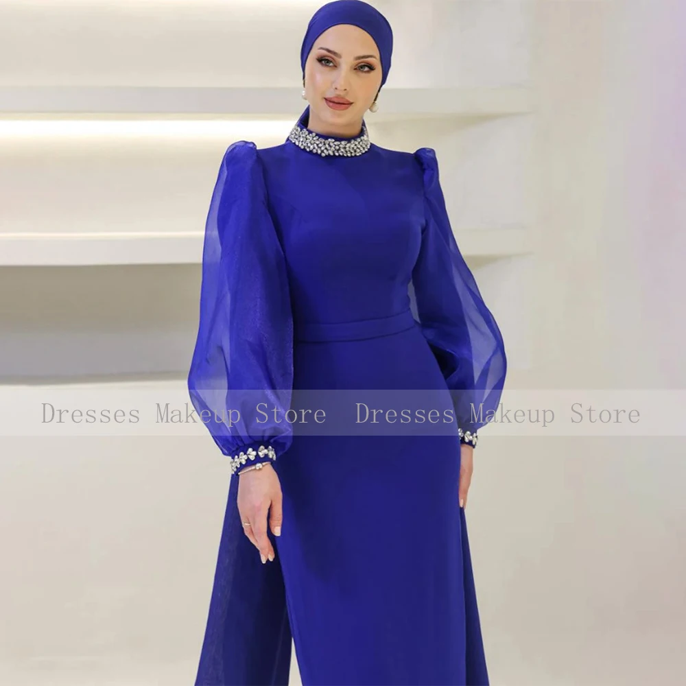 Dark Royal Blue Formal Party Dresses for Women Crystal High Collar Column Evening Gowns Maxi Puffy Full Sleeves 2024 Prom Dress