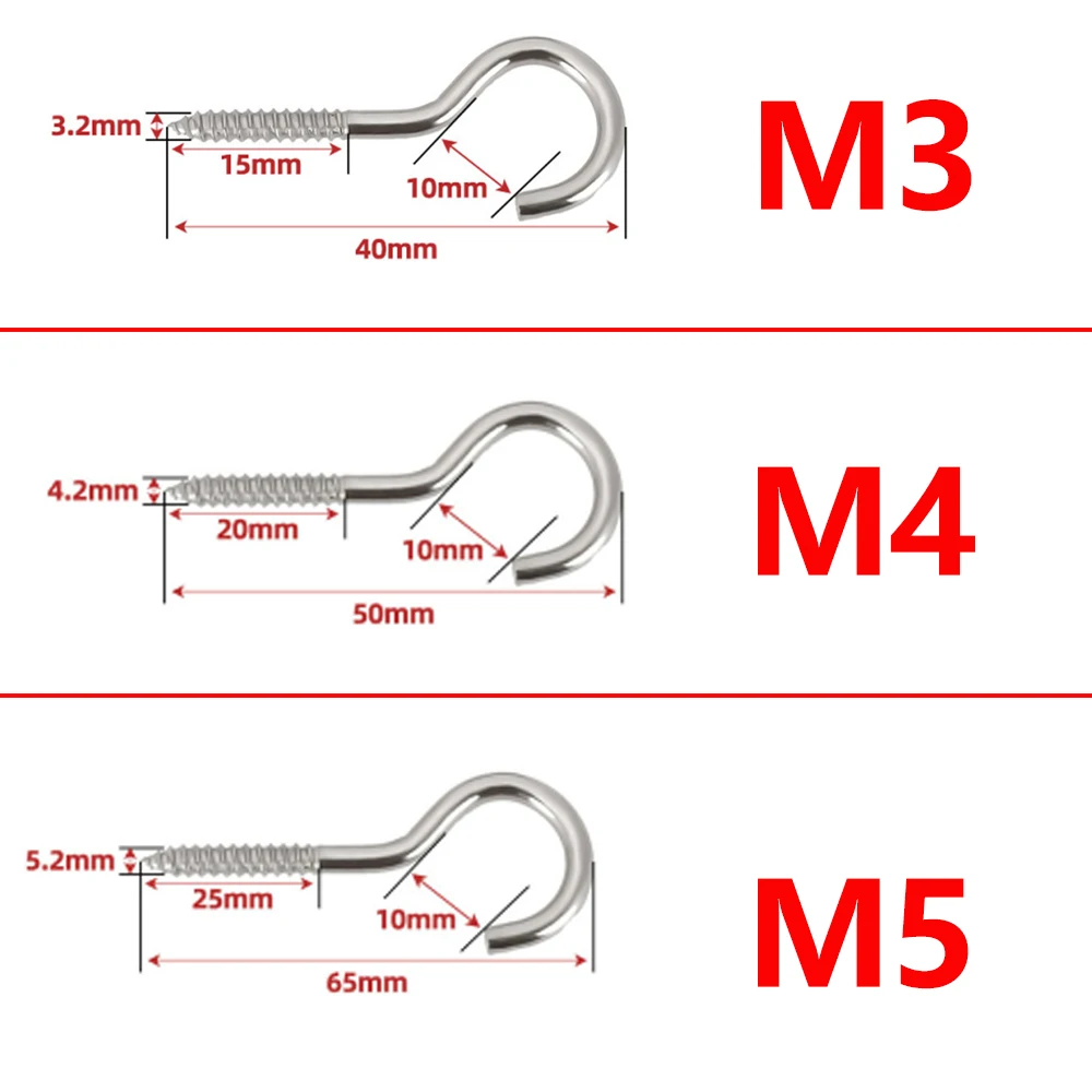 M3 Stainless Steel Screw Hooks Ceiling Cup Hooks Metal Screw-in Hook Heavy Duty Ring Screws Self Tapping Hanging Eyebolt  Hooks