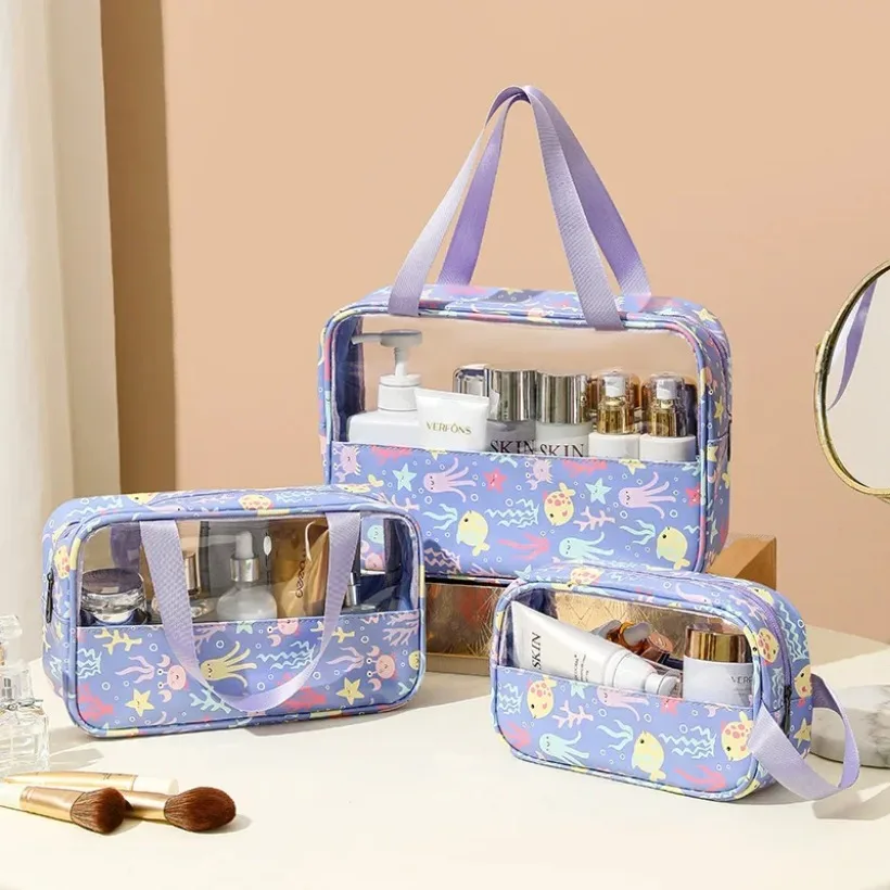 3pcs Transparent Cosmetic Bag Set, Large Capacity Waterproof Travel Toiletry Pouch with Cute Print, Portable Makeup Organizer