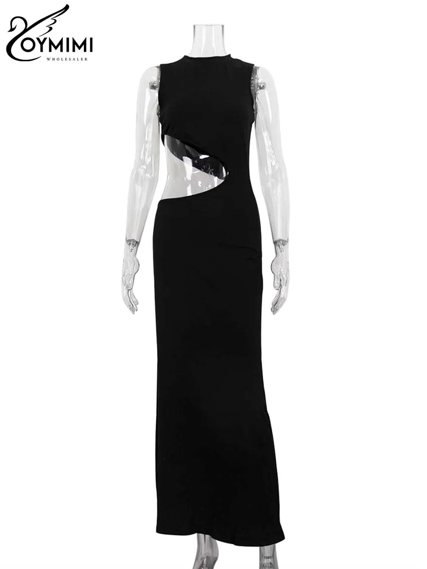 Oymimi Fashion Black O-Neck Dresses For Women 2024 Casual Sleeveless Hollow Out Slim Dresses Elegant Straight Floor-Length Dress