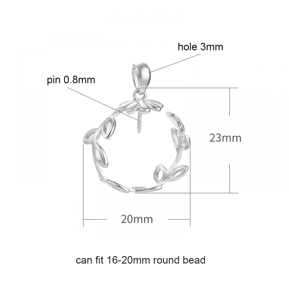 925 Sterling Silver Leaf Pearl Mount Pendant Setting for 16-20mm Half Drilled Round Pearl or Bead DIY Jewelry Necklace Making