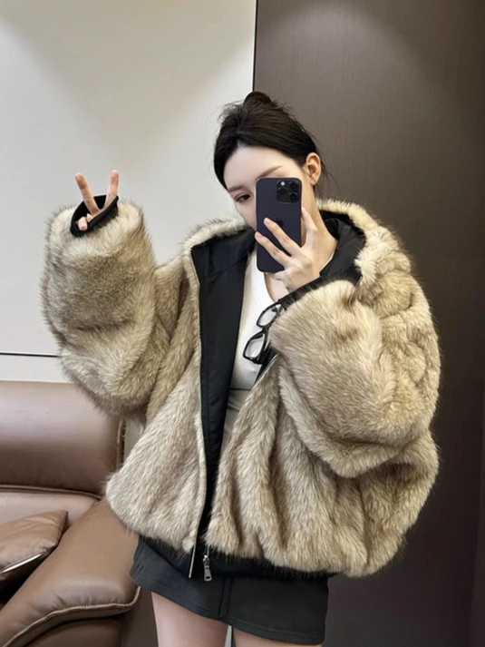 الشتاء الكورية Ins الشارع شخصية مقنعين صديقة للبيئة فو الفراء قصيرة الوجهين سترة قطن سميكة تنوعا معطف غير رسمي #1
