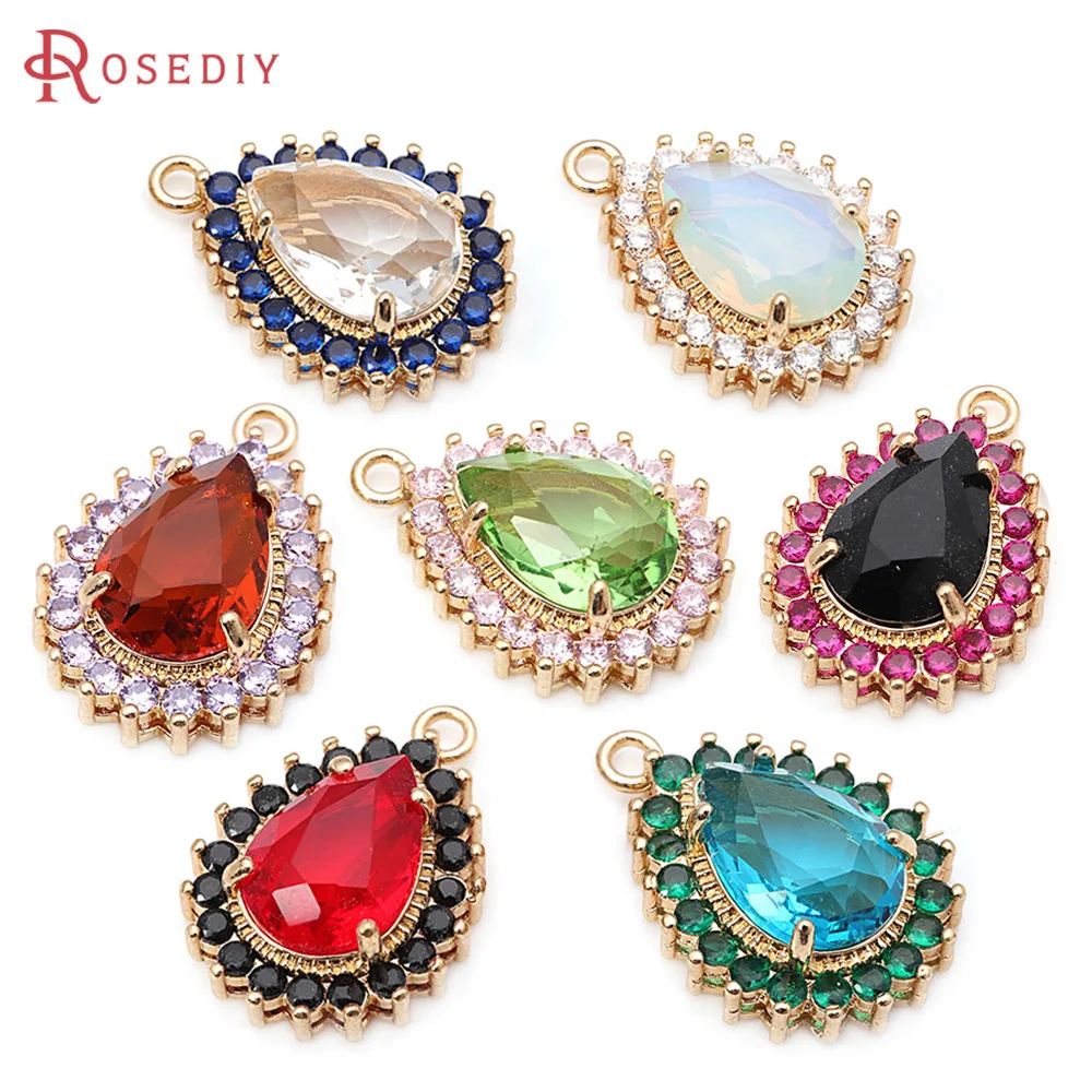 4PCS Brass Zircon Glass Drop Charms Pendants High Quality Necklace Earrings Diy Jewelry Accessories Rosediy Official Store