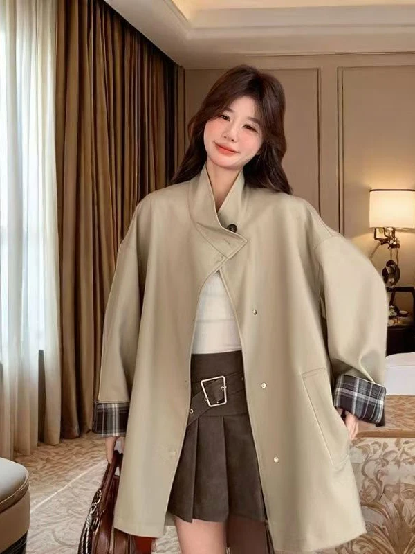 British Style Stand Collar Women's Spring Autumn Casual Patchwork Color Block Elegant Long Coat Polyester Fiber Long Sleeve