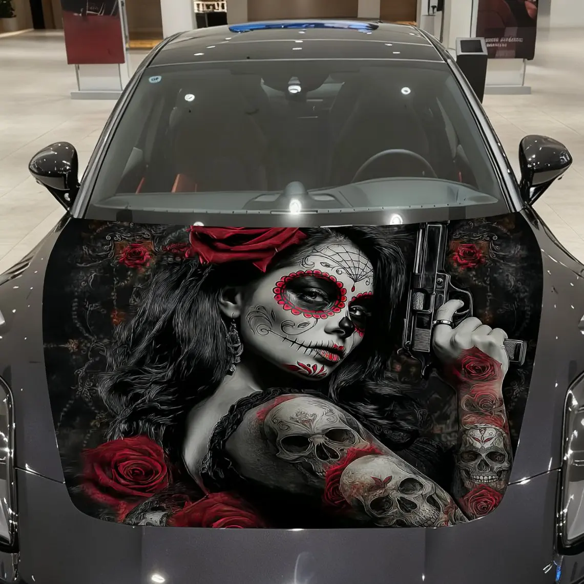 

Gothic Beauty Hunter And Skull Car Hood Sticker, Durable PVC Vinyl Film Suitable For Most Vehicles, Hood Protection Film Gift, C