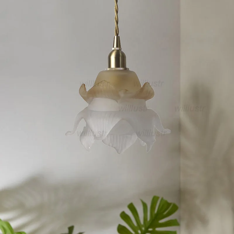 Glass Flower Petal Pendant Lamp Creative White Yellow Rose Suspension Light Hotel Bedroom Cafe Brass Hanging Ceiling Chandelier