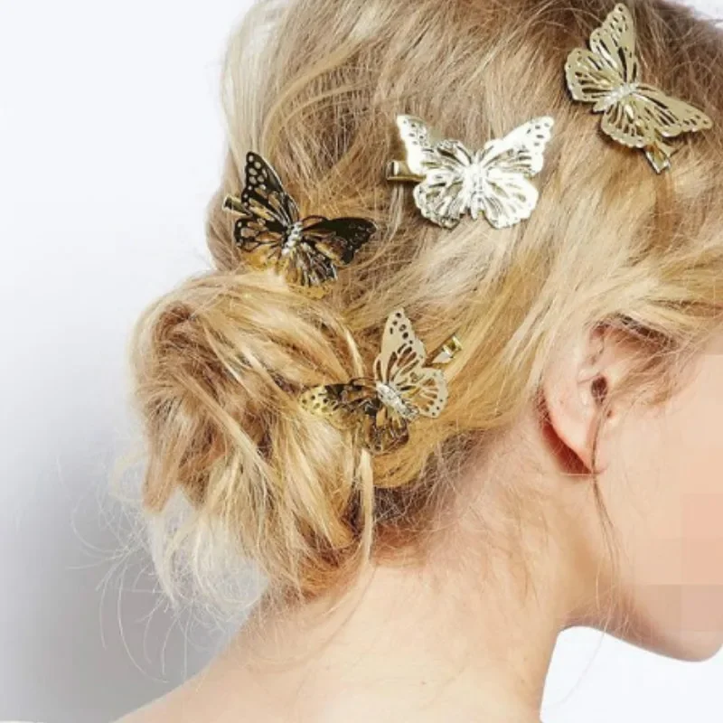 2pcs Metal Butterfly Hair Clips Retro Temperament Ladies Wild Stereo Hollow Korean Fashion Simple Golden Hair Styling Tools