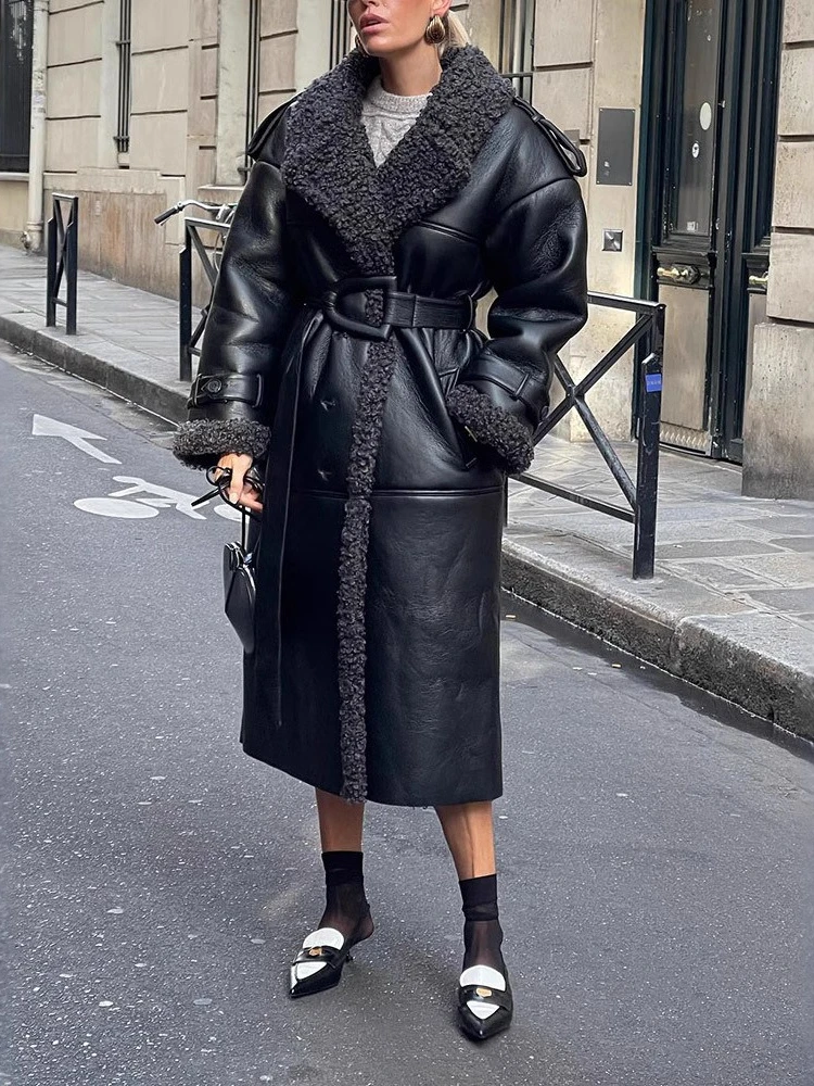 

Black Notched Collar Faux Fur Jacket Belted Furry Jacket Fluffy Leather and Fur Back Split Faux Lamb Plush Coat Slim Luxury 2025