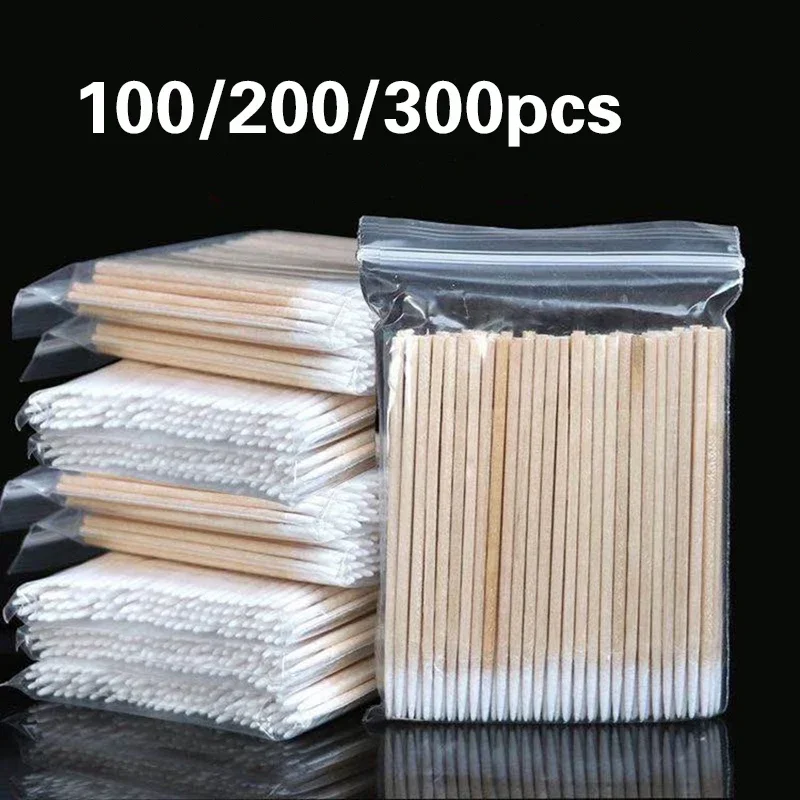 100/200/300Pcs Nails  Wood Swab Clean Sticks Bud Tip Wooden Cotton Head Manicure Detail Corrector Nail Polish Remover Art Tool