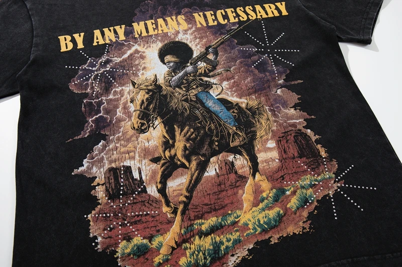 Schwarzes Western Cowboy Pferde-Grafik T-Shirt für Herren Vintage Distressed Acid Wash Strass T-Shirts Lässige Sommer-Oberteile – Detail 9
