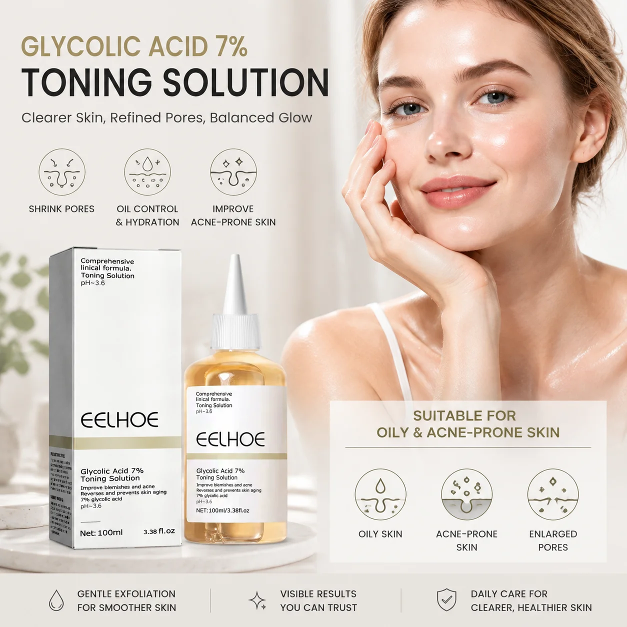 EELHOE Glycolic Acid 7% Exfoliating Toning Solution Antioxidant Anti Facial Blemishes Acne Oil Control Deep Hydration Face Toner