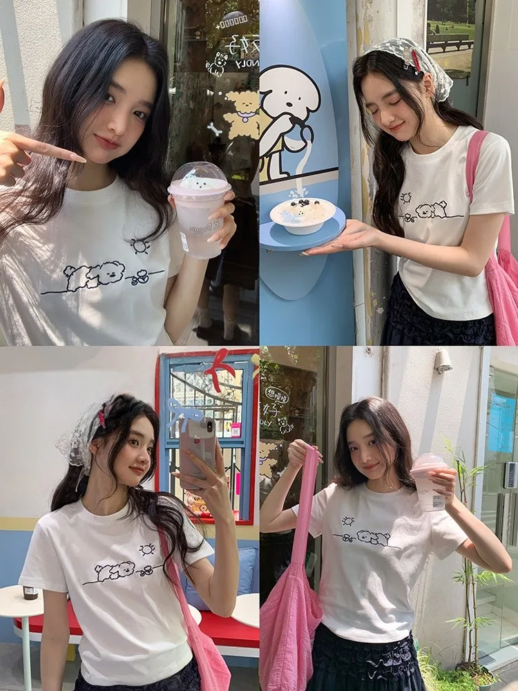 

Антивозрастная футболка с круглым вырезом и коротким рукавом для женщин, летняя, тонкая, в корейском стиле, с принтом, свободного кроя, удобная, дышащая, повседневная одежда