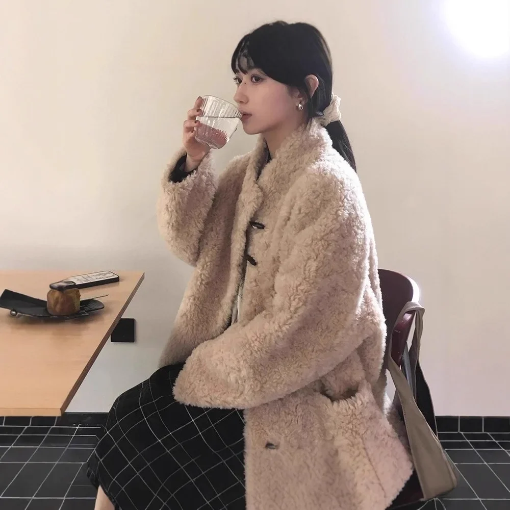 

Female Mink Fur Jacket Versatile Lady Eco Fur Coat Fleece Lined Winter Women Imitation Fur Jacket Beige Horn Toggle Button