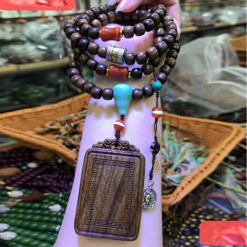 Live Broadcast Supply Wholesale Eaglewood Barrel Beads Necklace with Tranquility and Peace Plate Crafts Pendant Ornaments Female